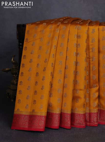 Chiniya silk saree mustard yellow and maroon with allover thread & zari woven buttas and woven border