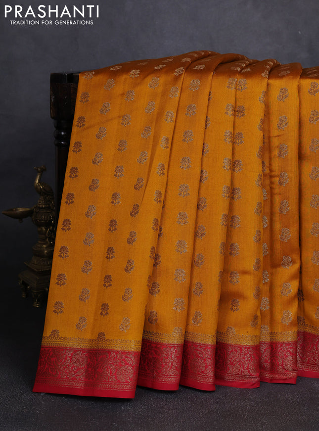 Chiniya silk saree mustard yellow and maroon with allover thread & zari woven buttas and woven border