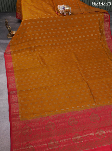 Chiniya silk saree mustard yellow and maroon with allover thread & zari woven buttas and woven border
