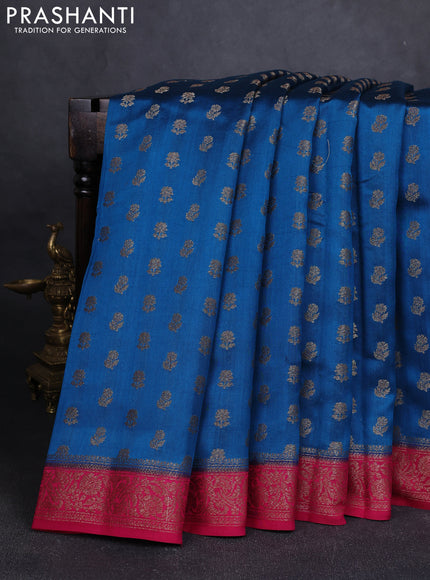 Chiniya silk saree peacock blue and dark pink with allover thread & zari woven buttas and woven border