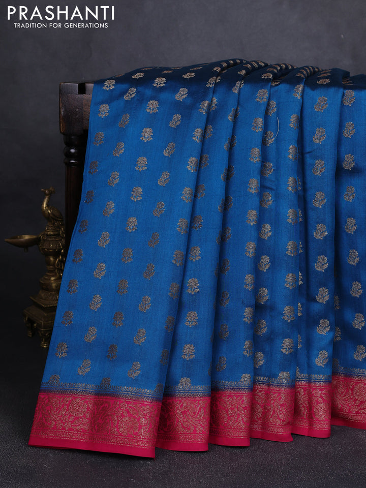 Chiniya silk saree peacock blue and dark pink with allover thread & zari woven buttas and woven border
