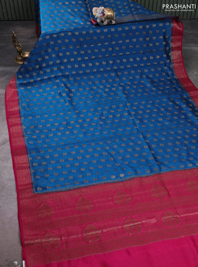 Chiniya silk saree peacock blue and dark pink with allover thread & zari woven buttas and woven border