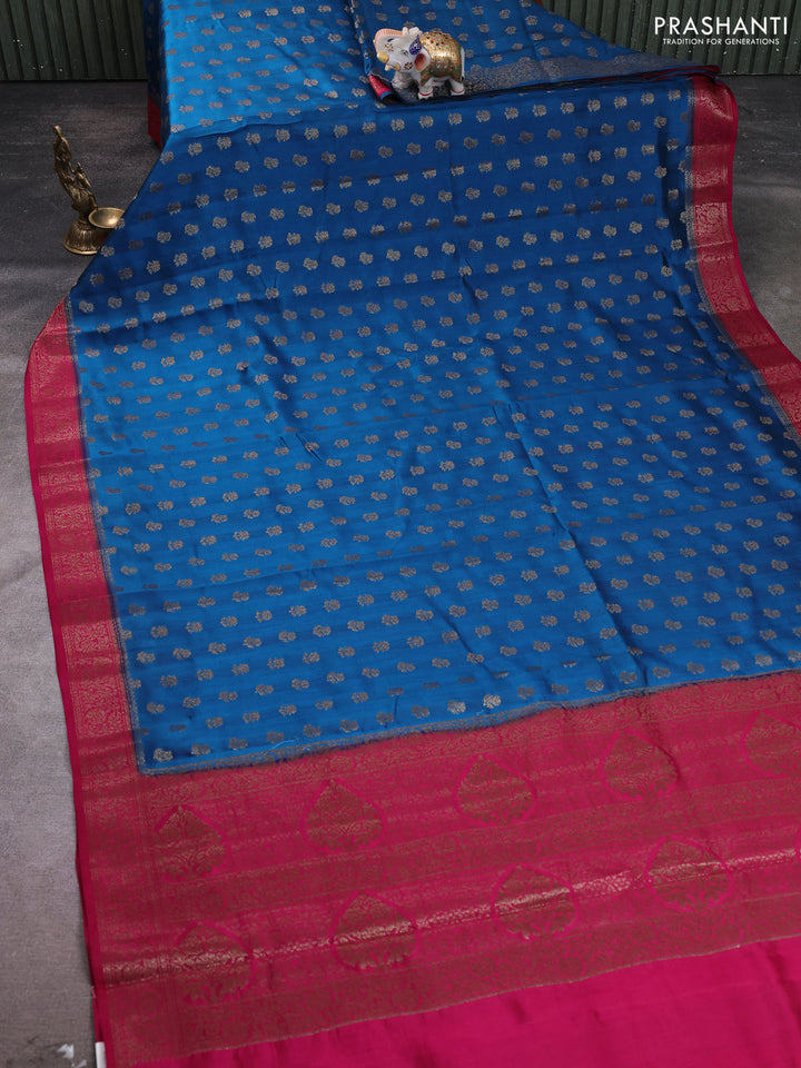 Chiniya silk saree peacock blue and dark pink with allover thread & zari woven buttas and woven border