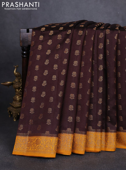 Chiniya silk saree deep coffee brown and mustard yellow with allover thread & zari woven buttas and woven border