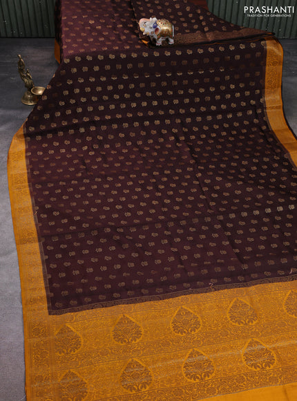 Chiniya silk saree deep coffee brown and mustard yellow with allover thread & zari woven buttas and woven border
