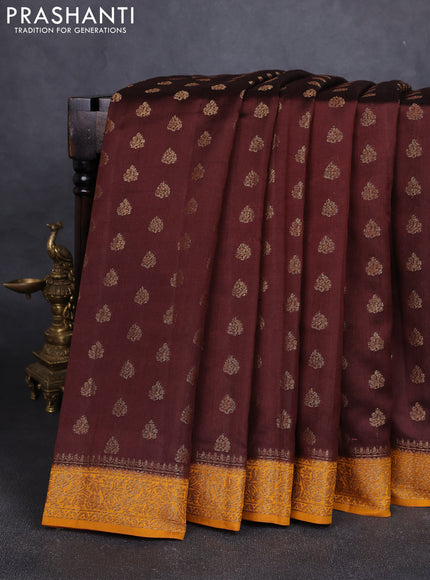 Chiniya silk saree coffee brown and mustard yellow with allover thread & zari woven buttas and woven border