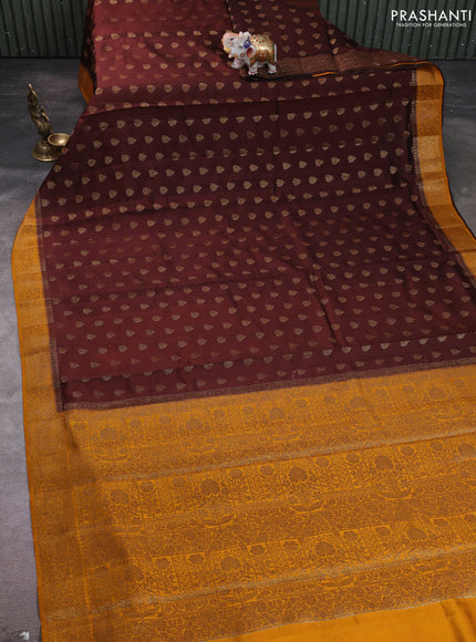 Chiniya silk saree coffee brown and mustard yellow with allover thread & zari woven buttas and woven border
