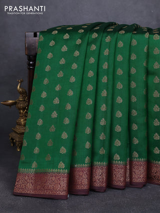 Chiniya silk saree green and coffee brown with allover thread & zari woven buttas and woven border