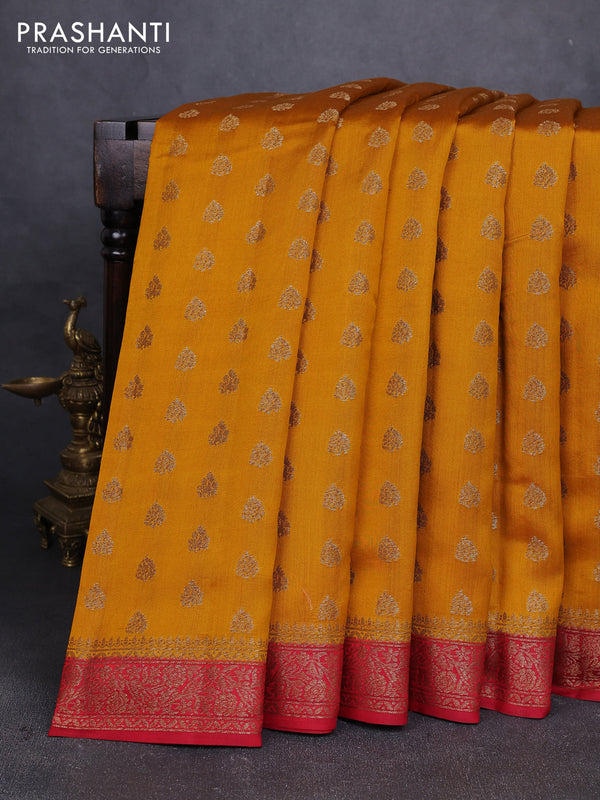 Chiniya silk saree mustard yellow and maroon with allover thread & zari woven buttas and woven border