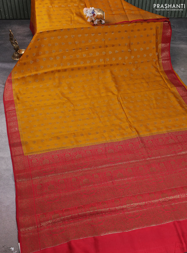 Chiniya silk saree mustard yellow and maroon with allover thread & zari woven buttas and woven border