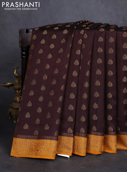 Chiniya silk saree coffee brown and mustard yellow with allover thread & zari woven buttas and woven border