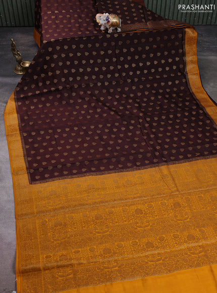 Chiniya silk saree coffee brown and mustard yellow with allover thread & zari woven buttas and woven border