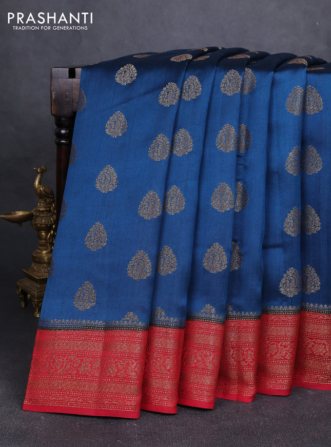 Chiniya silk saree peacock blue and maroon with allover thread & zari woven buttas and woven border