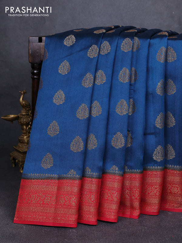 Chiniya silk saree peacock blue and maroon with allover thread & zari woven buttas and woven border
