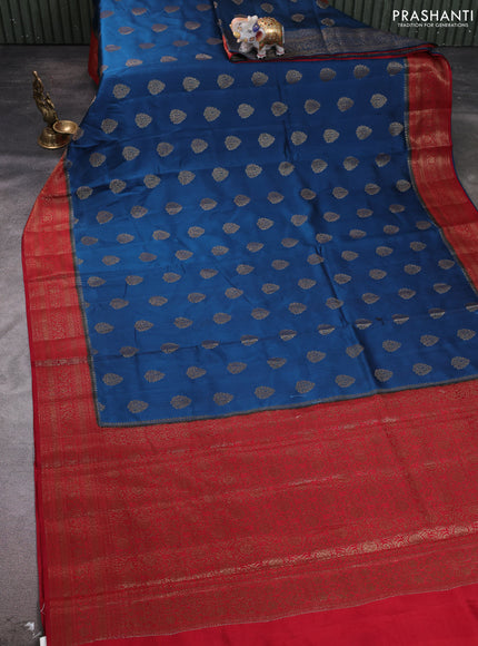 Chiniya silk saree peacock blue and maroon with allover thread & zari woven buttas and woven border