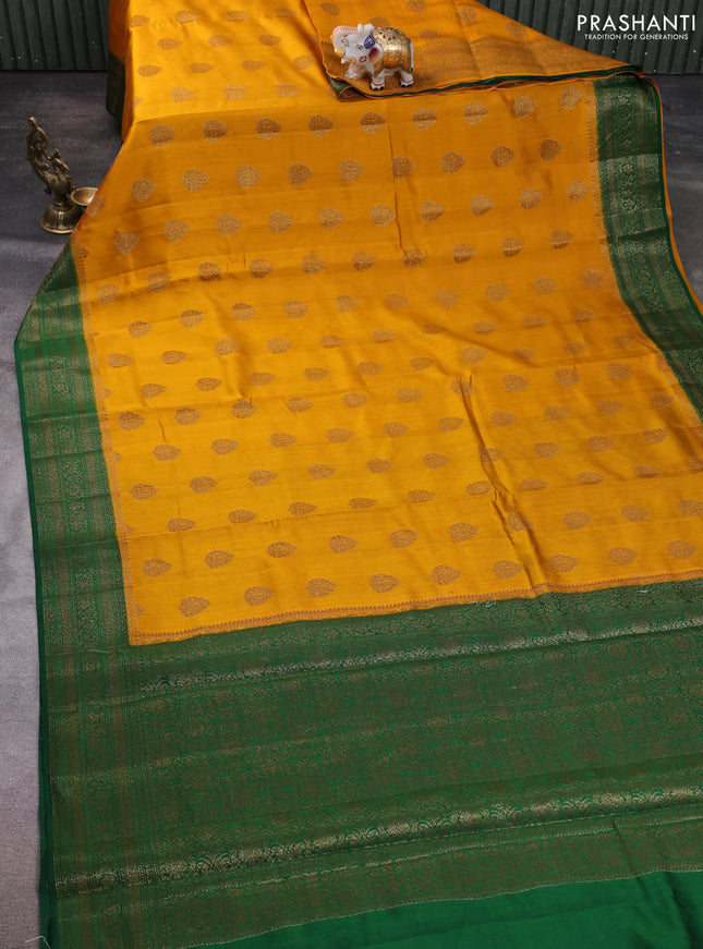 Chiniya silk saree mustard yellow and green with allover thread & zari woven buttas and woven border