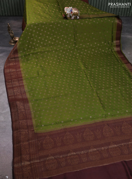 Chiniya silk saree mehendi green and deep maroon with allover thread & zari woven buttas and woven border