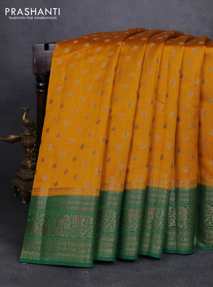 Chiniya silk saree mustard yellow and green with allover thread & zari woven buttas and woven border