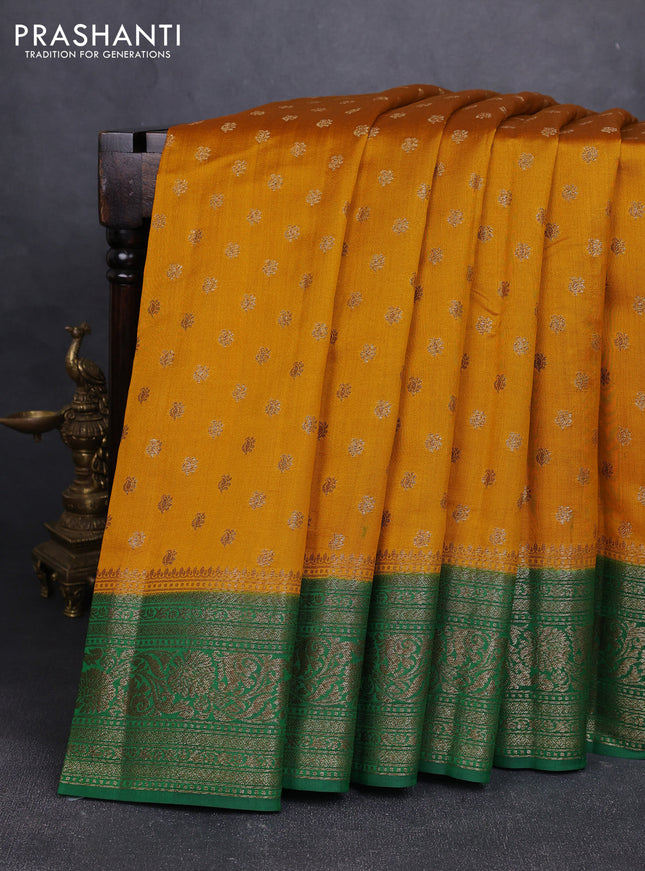 Chiniya silk saree mustard yellow and green with allover thread & zari woven buttas and woven border
