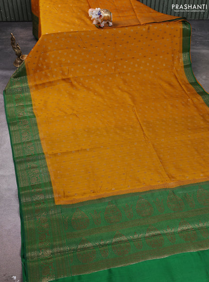Chiniya silk saree mustard yellow and green with allover thread & zari woven buttas and woven border