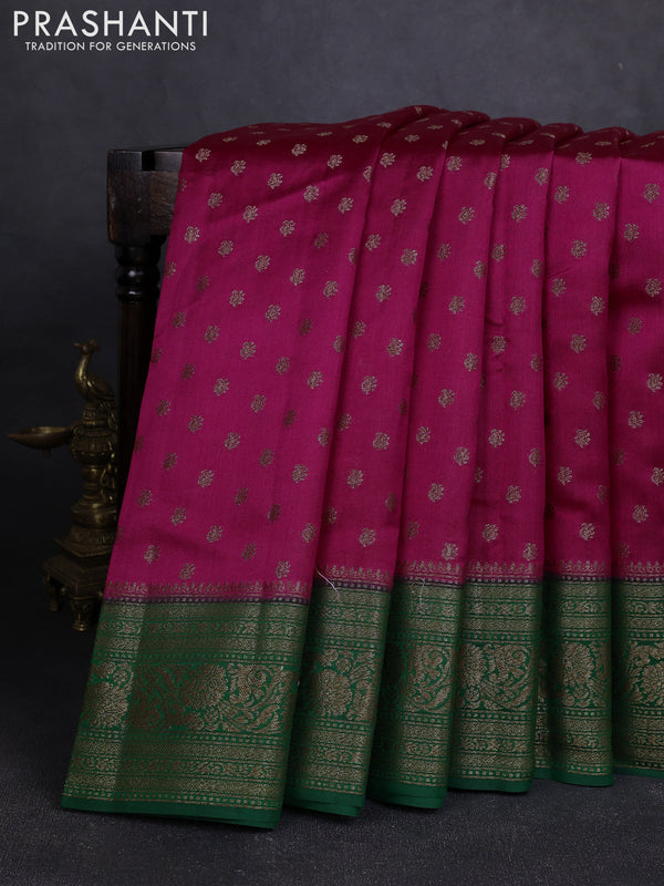 Chiniya silk saree magenta pink and green with allover thread & zari woven buttas and woven border