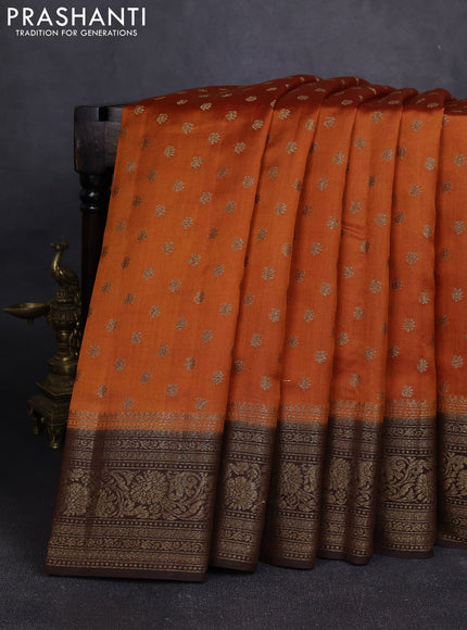 Chiniya silk saree orange and coffee brown with allover thread & zari woven buttas and woven border
