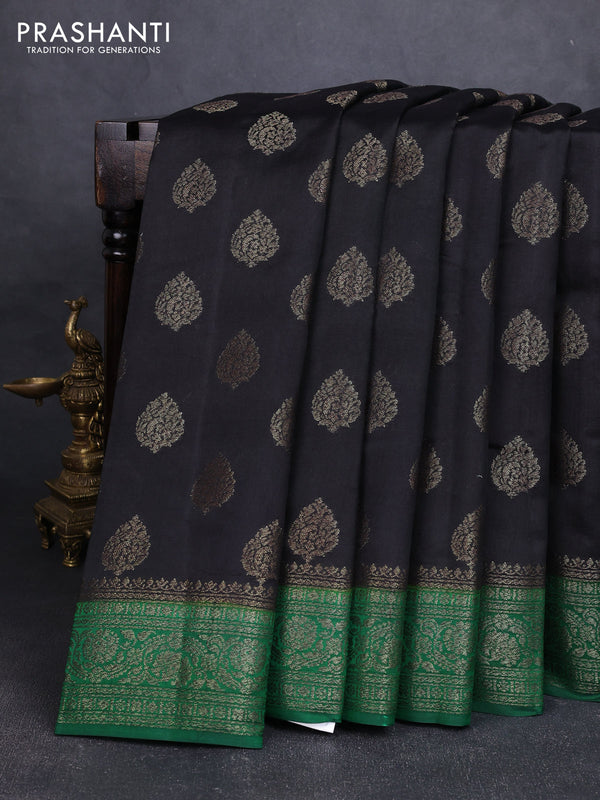 Chiniya silk saree black and green with allover thread & zari woven buttas and woven border