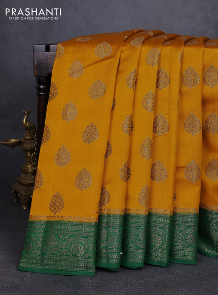 Chiniya silk saree mustard yellow and green with allover thread & zari woven buttas and woven border