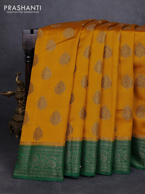 Chiniya silk saree mustard yellow and green with allover thread & zari woven buttas and woven border