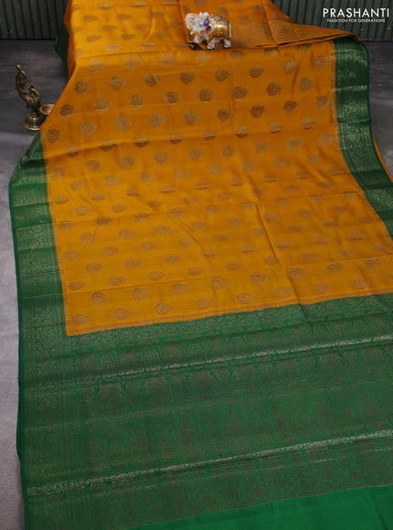 Chiniya silk saree mustard yellow and green with allover thread & zari woven buttas and woven border