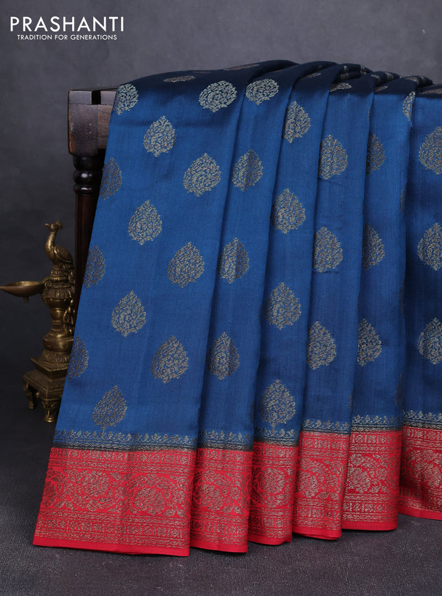 Chiniya silk saree peacock blue and maroon with allover thread & zari woven buttas and woven border