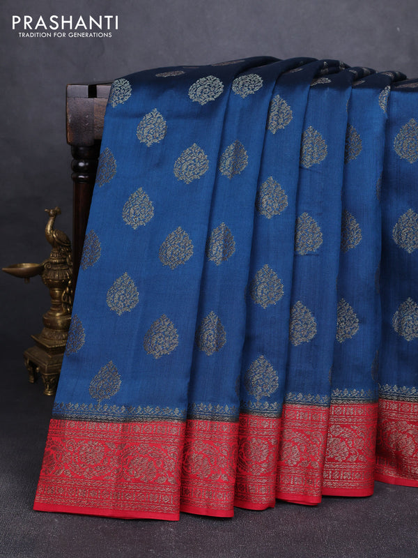 Chiniya silk saree peacock blue and maroon with allover thread & zari woven buttas and woven border