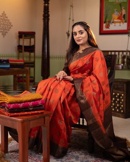 Chiniya silk saree orange and coffee brown with allover thread & zari woven buttas and woven border
