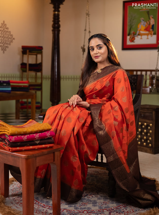 Chiniya silk saree orange and coffee brown with allover thread & zari woven buttas and woven border