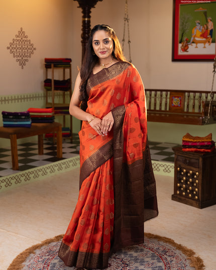Chiniya silk saree orange and coffee brown with allover thread & zari woven buttas and woven border