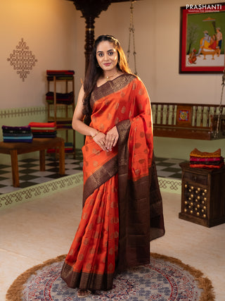 Chiniya silk saree orange and coffee brown with allover thread & zari woven buttas and woven border