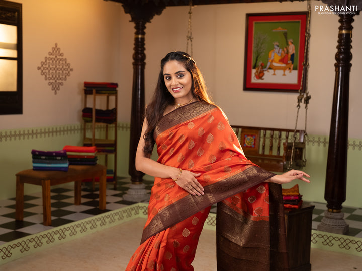 Chiniya silk saree orange and coffee brown with allover thread & zari woven buttas and woven border