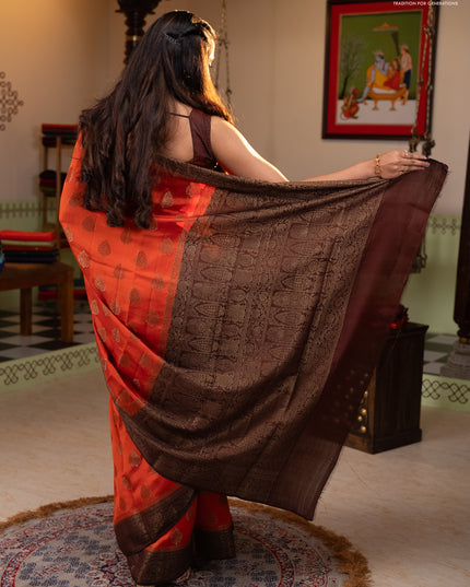 Chiniya silk saree orange and coffee brown with allover thread & zari woven buttas and woven border