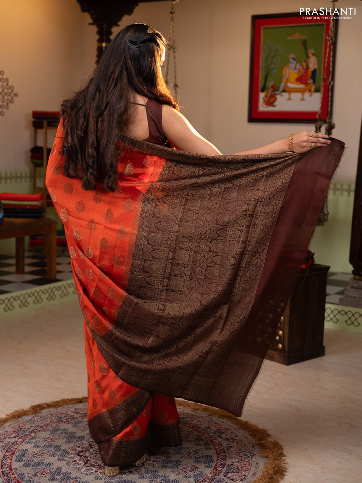 Chiniya silk saree orange and coffee brown with allover thread & zari woven buttas and woven border
