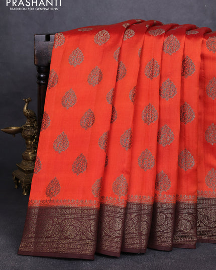 Chiniya silk saree orange and coffee brown with allover thread & zari woven buttas and woven border