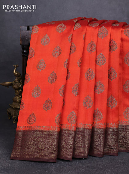 Chiniya silk saree orange and coffee brown with allover thread & zari woven buttas and woven border