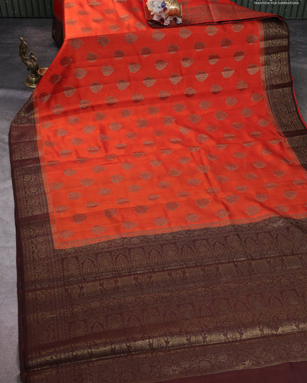 Chiniya silk saree orange and coffee brown with allover thread & zari woven buttas and woven border