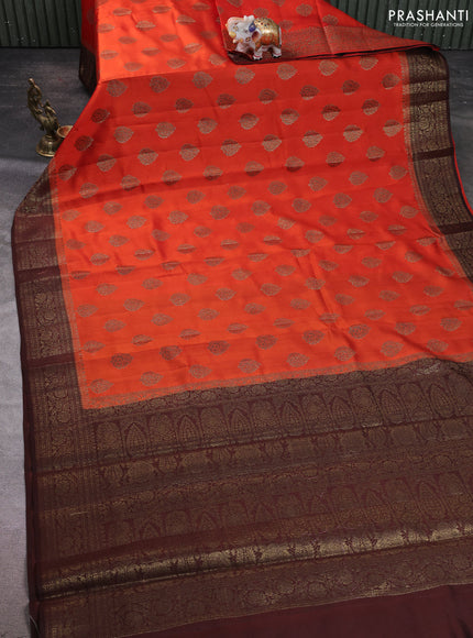 Chiniya silk saree orange and coffee brown with allover thread & zari woven buttas and woven border