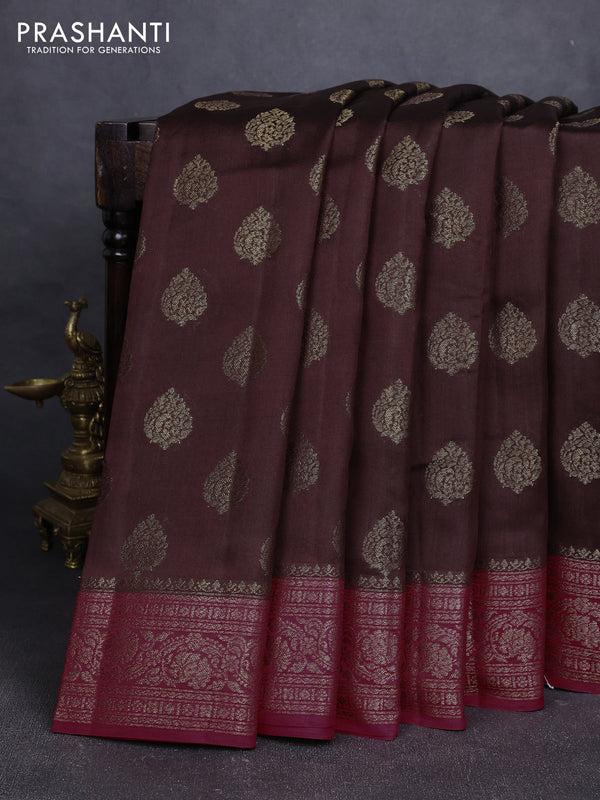Chiniya silk saree coffee brown and maroon with allover thread & zari woven buttas and woven border