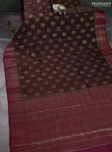 Chiniya silk saree coffee brown and maroon with allover thread & zari woven buttas and woven border