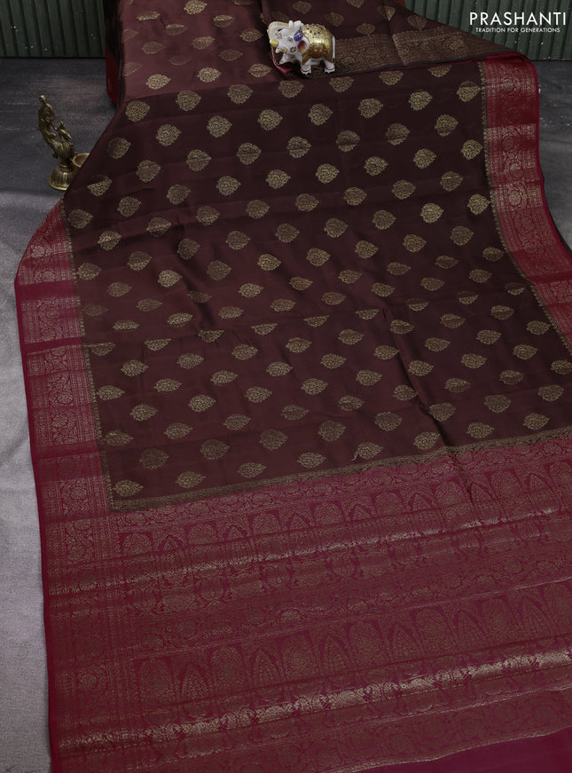 Chiniya silk saree coffee brown and maroon with allover thread & zari woven buttas and woven border