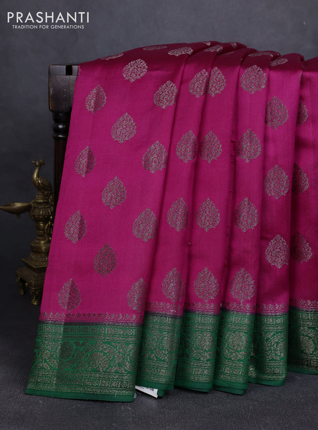 Chiniya silk saree magenta pink and green with allover thread & zari woven buttas and woven border