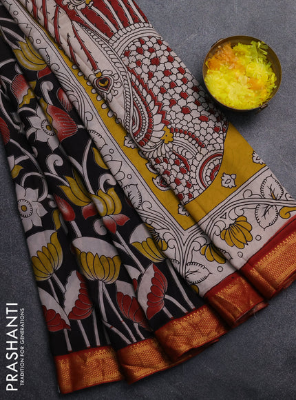Kalamkari semi silk saree black and maroon with allover prints and mangalgiri border