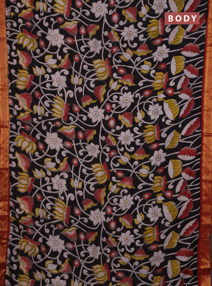 Kalamkari semi silk saree black and maroon with allover prints and mangalgiri border