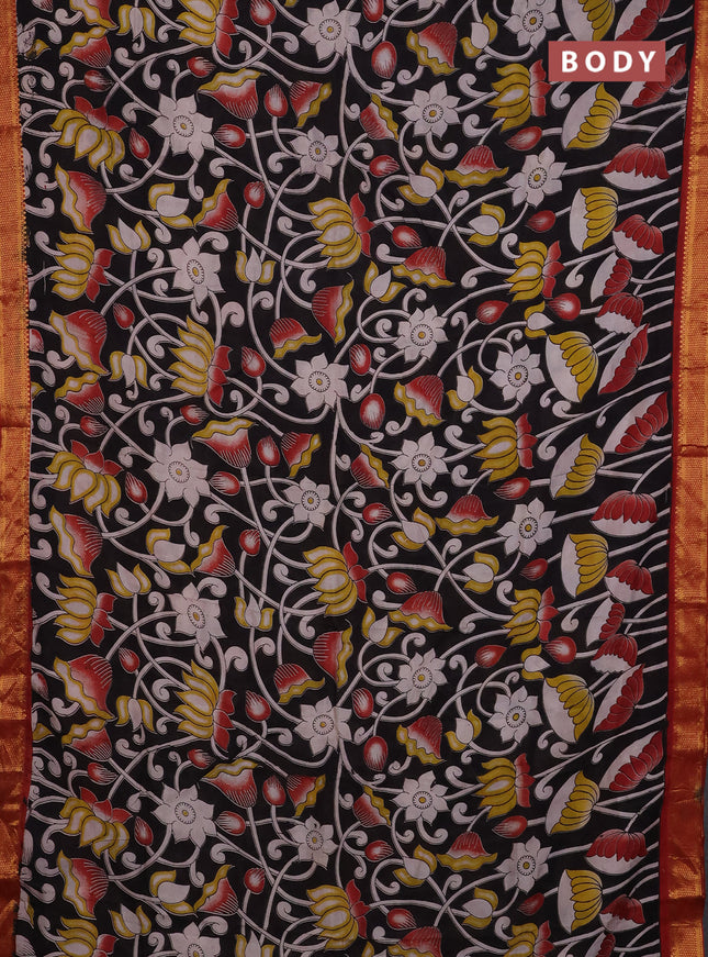 Kalamkari semi silk saree black and maroon with allover prints and mangalgiri border